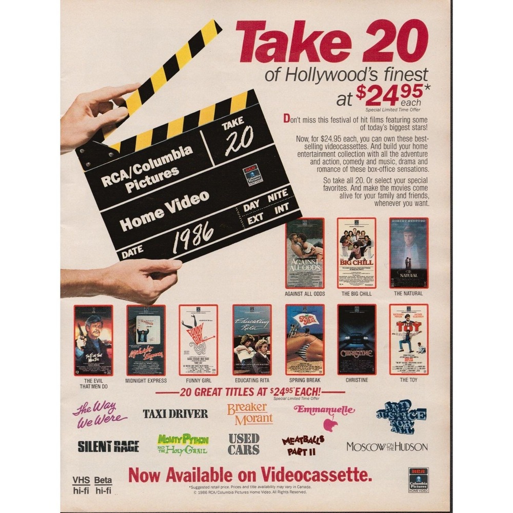 RCA‎ Columbia Home Video Take 20 VHS Hollywood Movie Collection Print Ad 1986